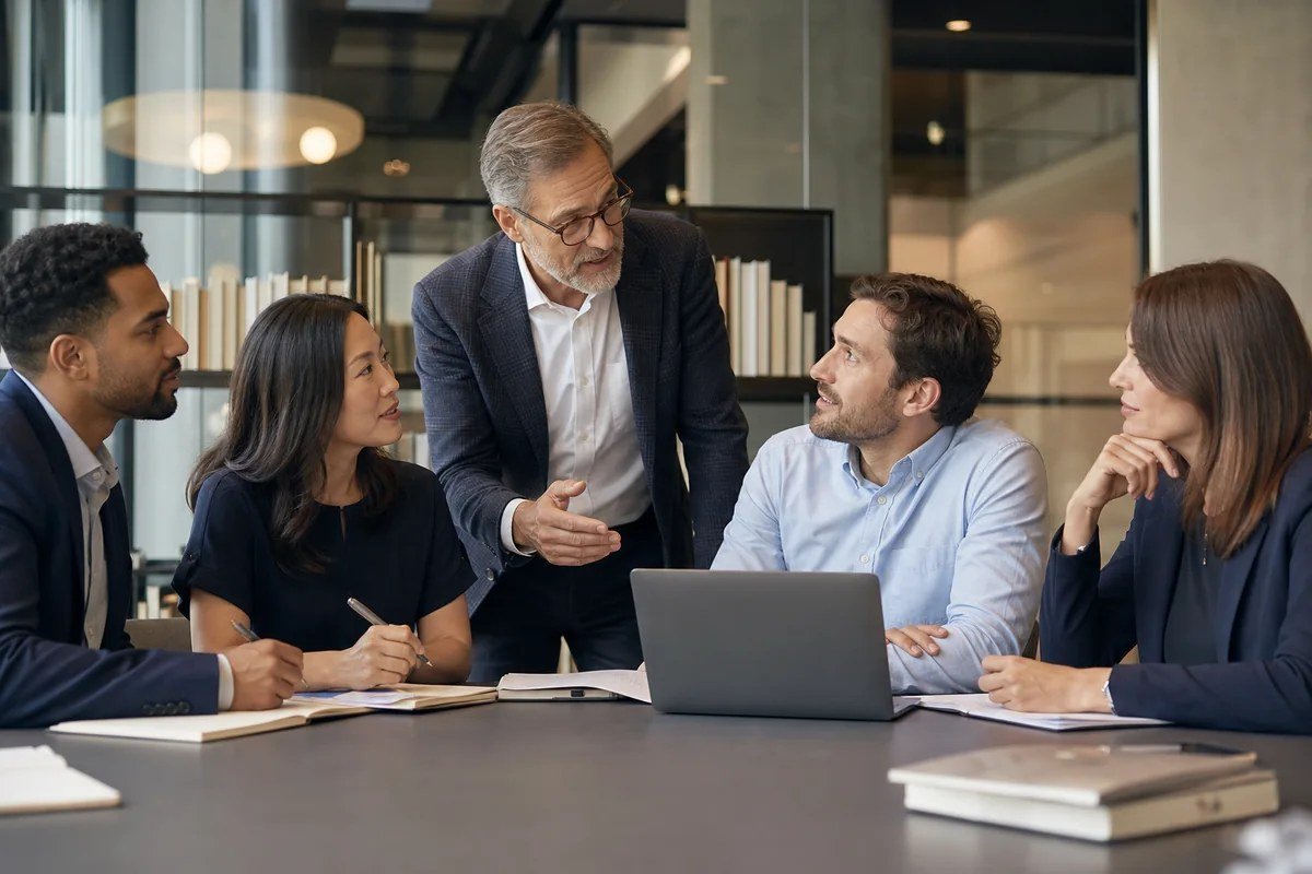 A faculty mentor guiding a group of adult professional learners